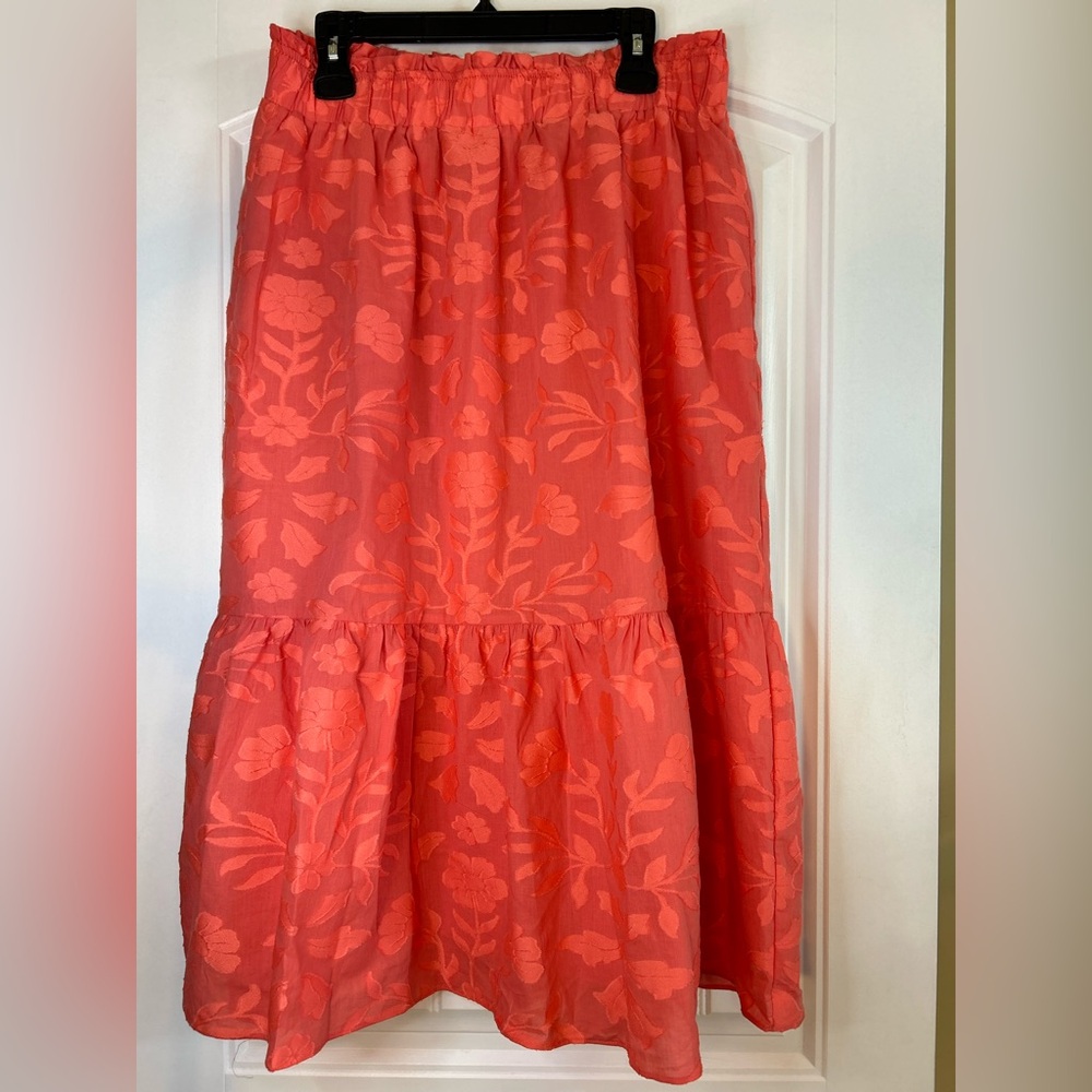 Ann Taylor Orange Floral Clip Pull On Flounce Maxi Skirt Women’s Size Large